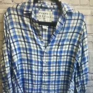 Frank & Eileen Relaxed Button-Up Shirt Blue Plaid Modal Women’s Size XS